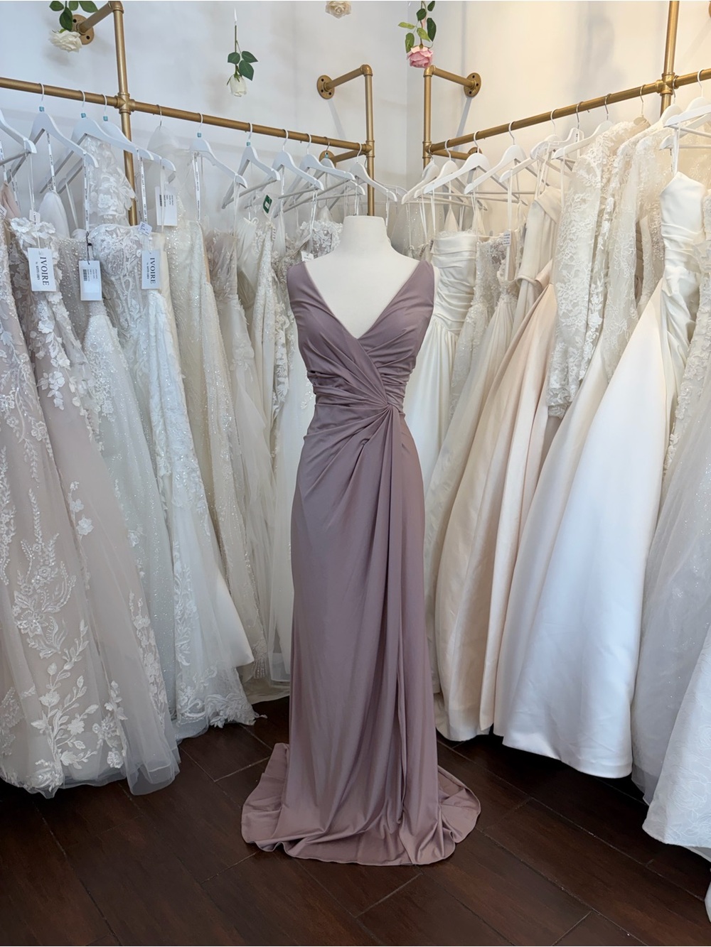Bari Jay Dusty Mauve V-Neck Ruched Bridesmaid Gown